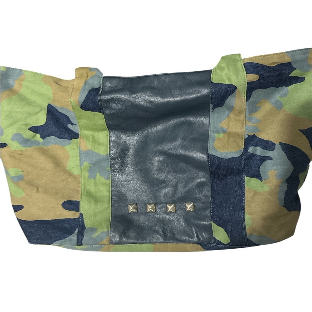 John eshaya Green and Blue Camouflage Tote Bag with silver studs blue leather